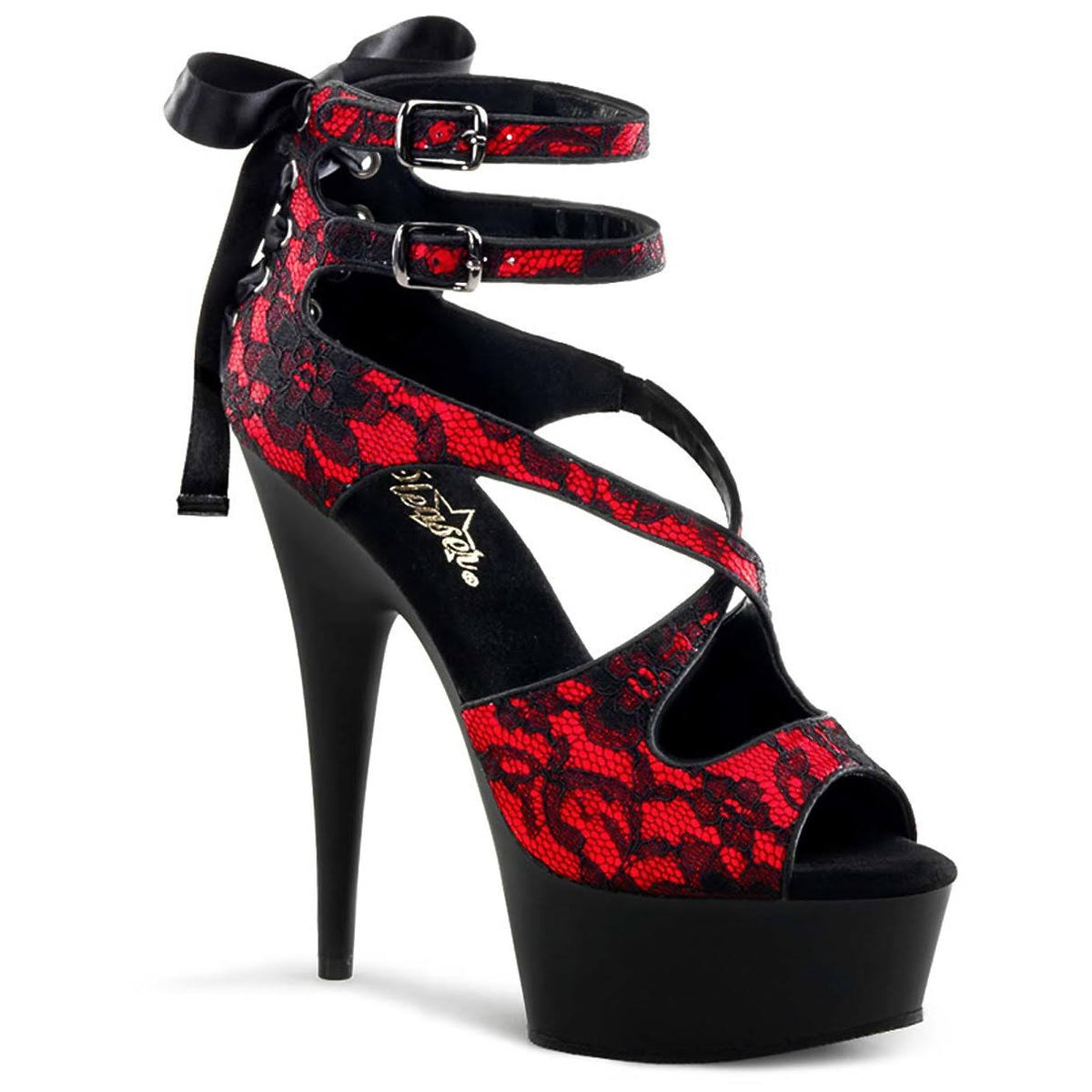 Red Satin-lace Black Matte Heels N17647