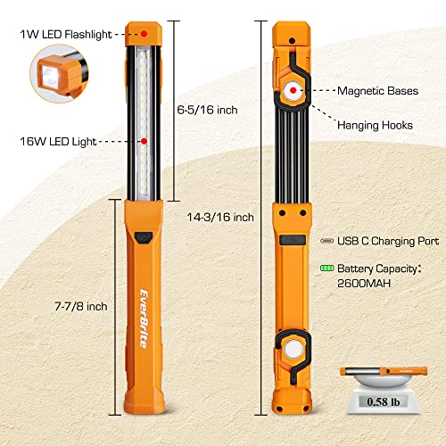 1000LM Rechargeable LED Work Light with Dual Magnetic Bases & Hanging Hooks, 4 Lighting Modes, Pack of 2 J33203