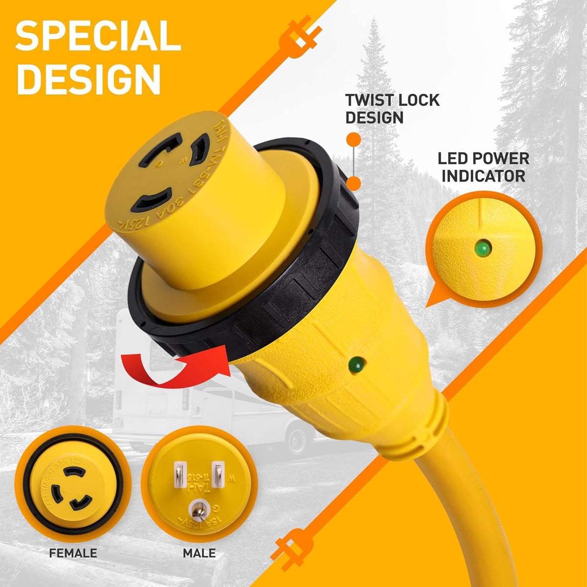 Cable Boat Shore Power Adapter Twist Lock L5-30R to 5-15P Male STW10/3 Heavy Duty Waterproof 30 Amp to 110 Adapter 15 Amp with LED Power Indicator Pack of 2 Z9852