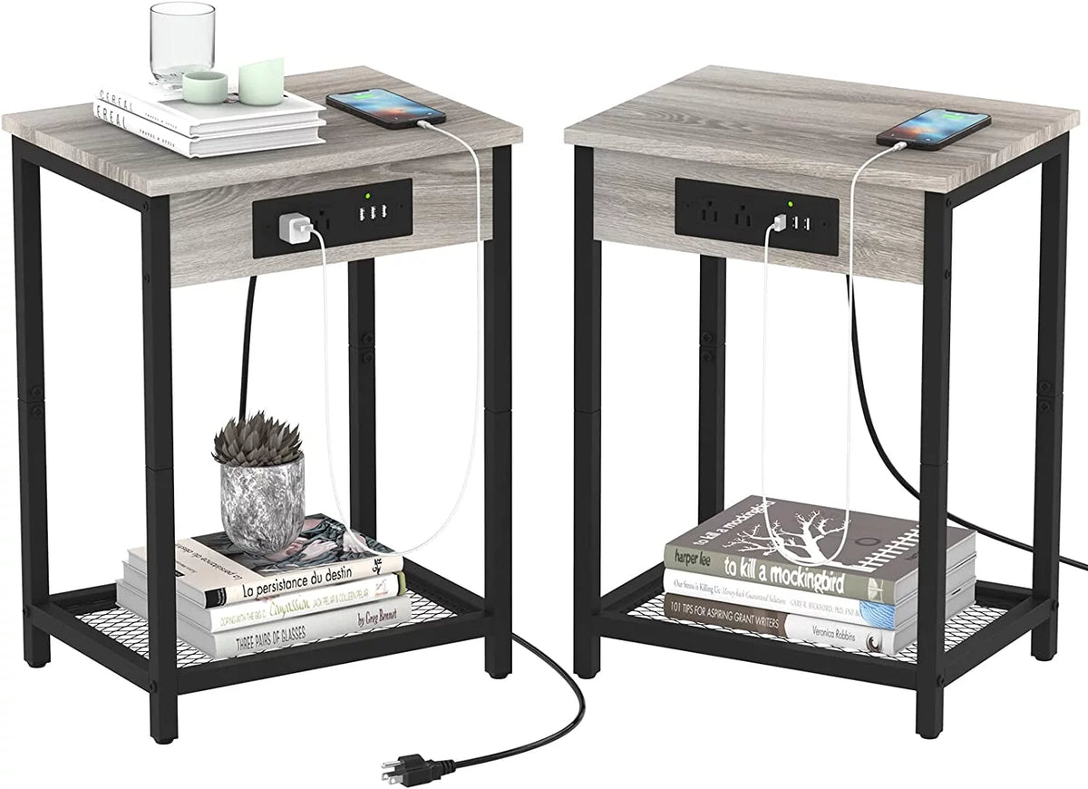 Gray Set of 2 Nightstand End Table with Charging Station P569594