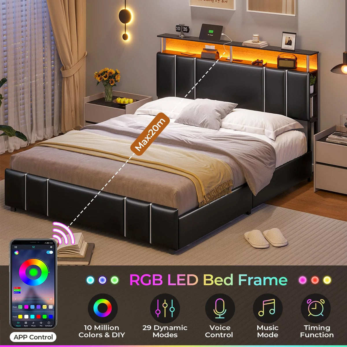 Full Size LED Upholstered Platform Bed with 4 Storage Drawer L966002