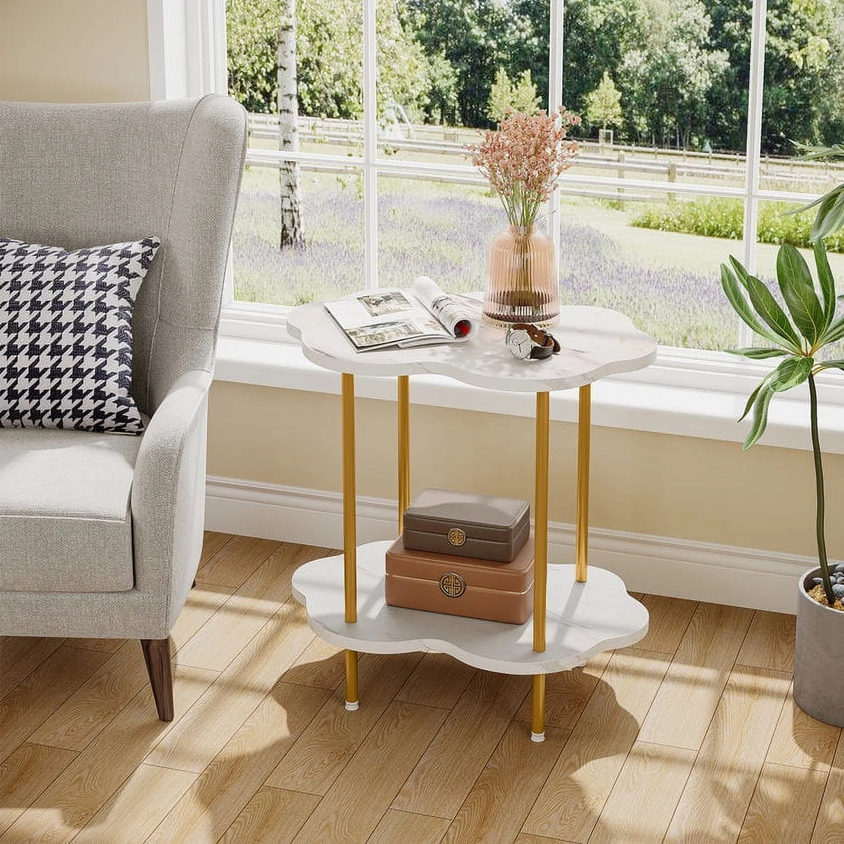 White Gold Faux Marble 2-Tier Side Table M9848