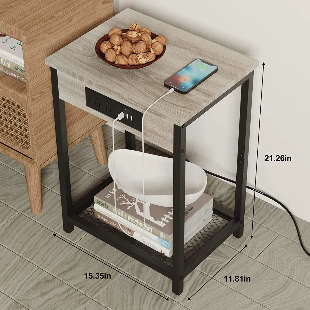 Gray Set of 2 Nightstand End Table with Charging Station P569594
