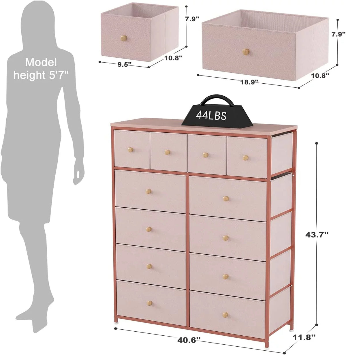 Pink 12 Drawer Dresser with Wood Top D296