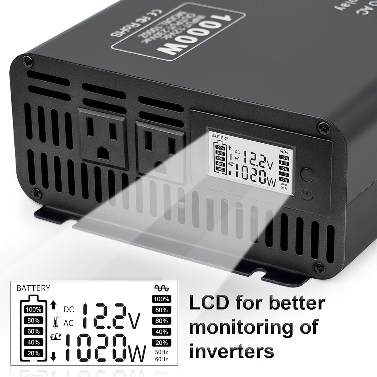 1000W 2000W DC 12V to 110V 120V AC 60Hz Power Inverter with 2 AC Outlets LCD Display U737