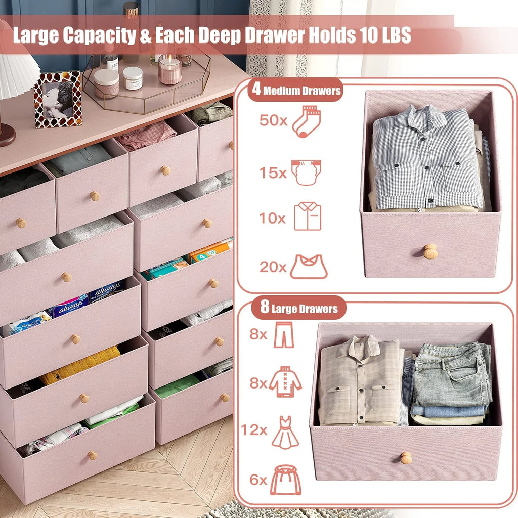 Pink 12 Drawer Dresser with Wood Top D296