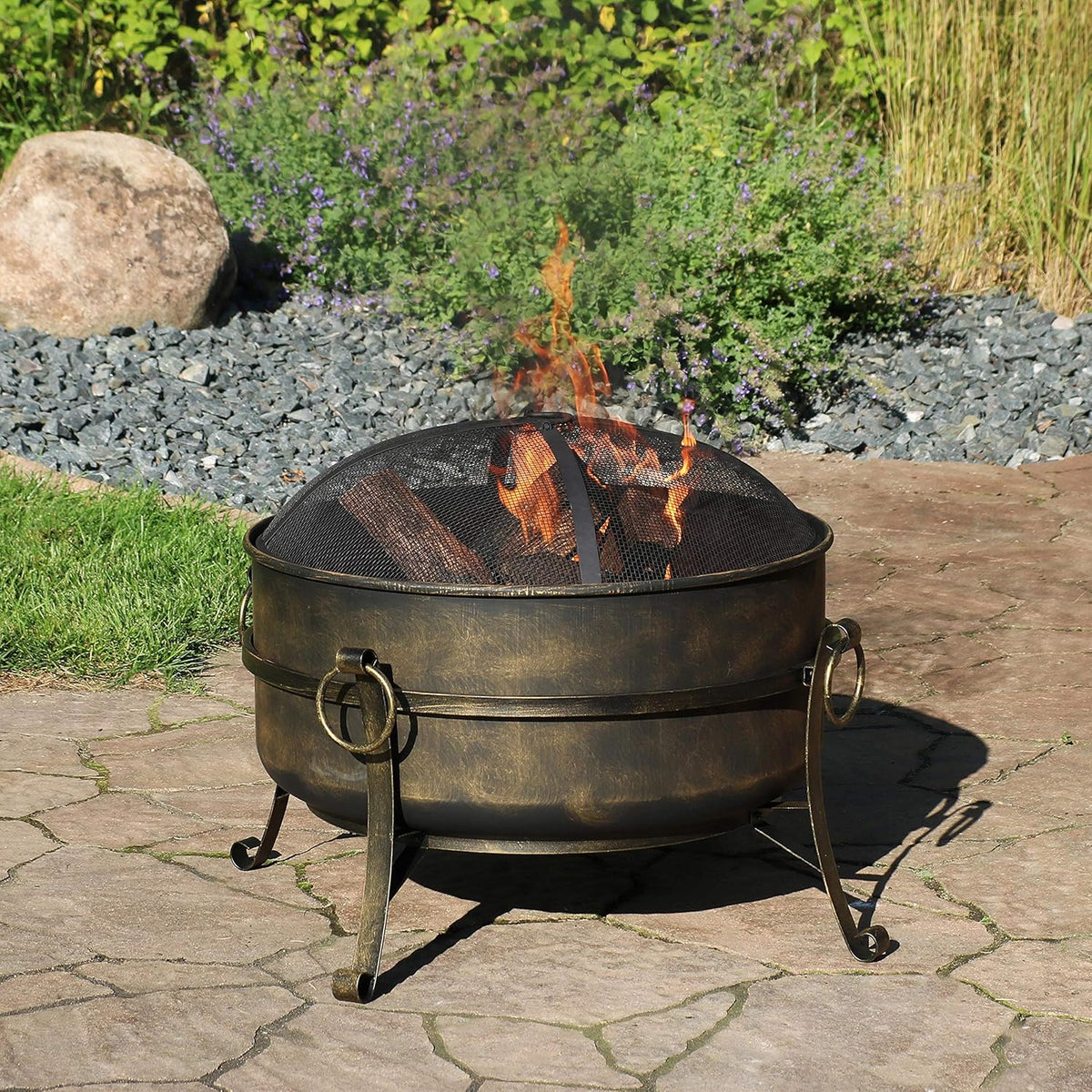 24 Inch Wood Burning Fire Pit with Spark Screen and Metal Grate A970