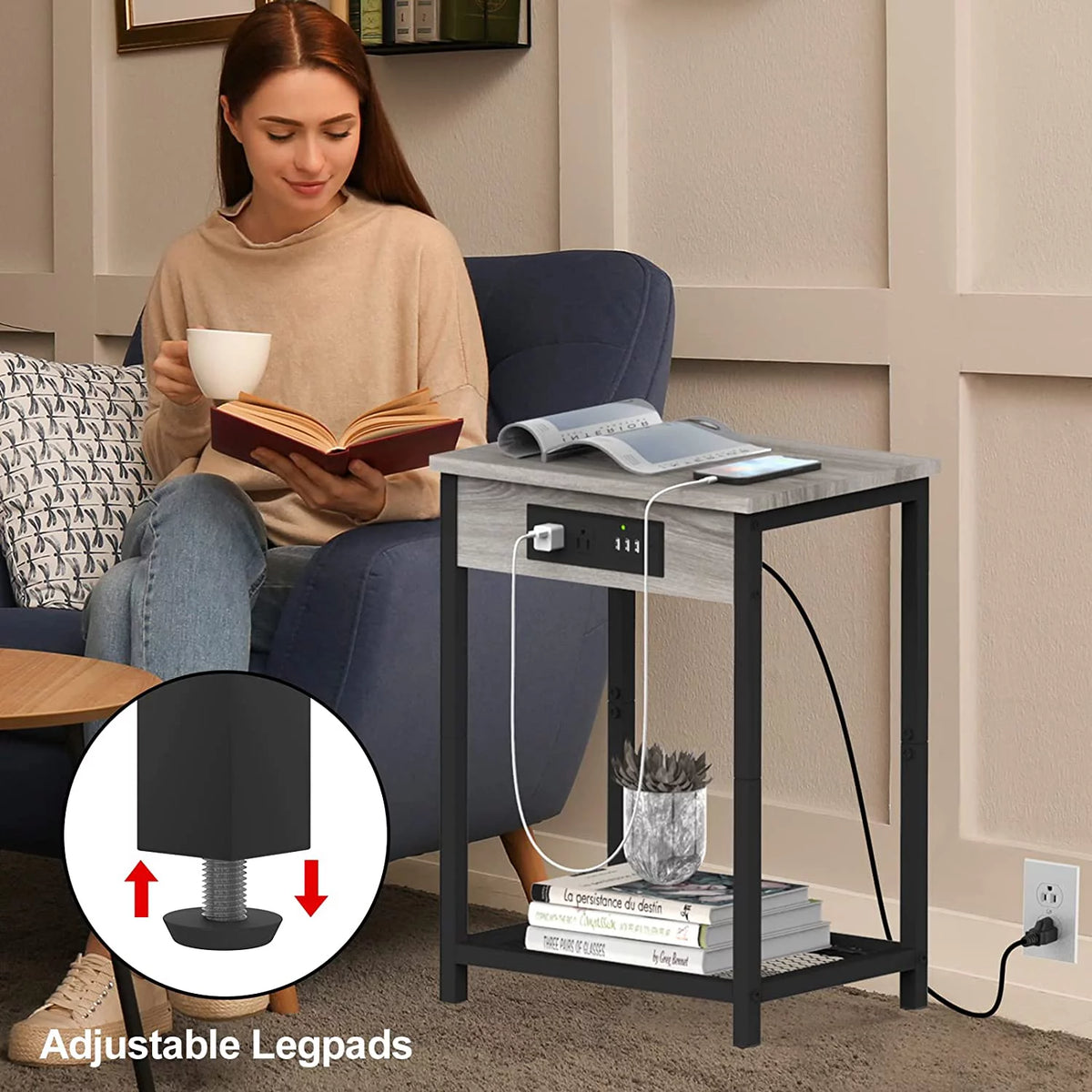 Gray Set of 2 Nightstand End Table with Charging Station P569594