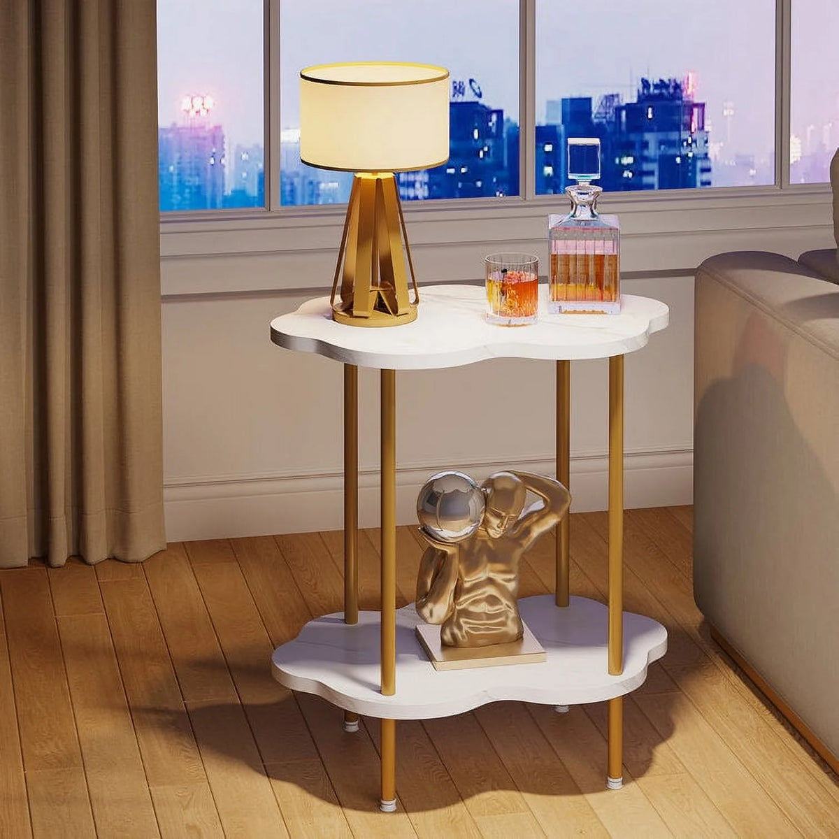 White Gold Faux Marble 2-Tier Side Table M9848